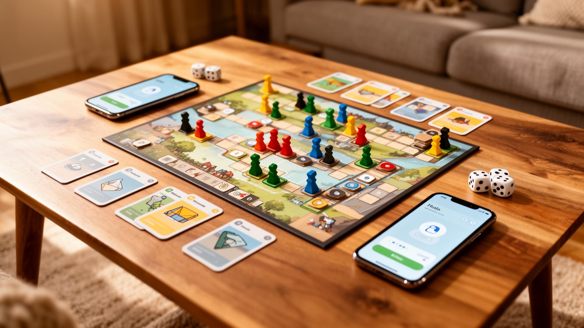 A board game on a table with mobile devices alongside the components